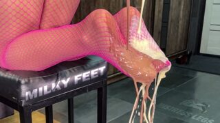 Milk pouring on my attractive nylon toes within the pink fishnets